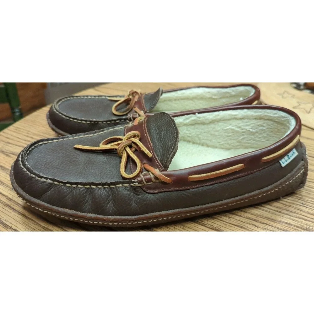 L.L. Bean Mens Moccasin Slippers Brown‎ Leather Moc Toe Bow Shearling Lined 11M